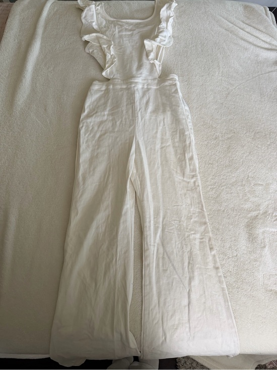 Vici Pants - Vici Cream Ruffle Shoulder Wide-Leg Jumpsuit